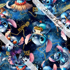 Peut inclure: Un motif numérique avec le personnage Stitch de Lilo & Stitch. Le design présente un fond spatial bleu foncé avec des accents dorés et diverses illustrations de Stitch. Stitch est montré en train de manger un sandwich, portant un lei et dans un vaisseau spatial.