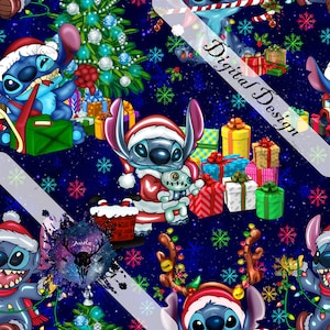 Peut inclure: Un personnage de dessin animé bleu et blanc portant un chapeau de Père Noël et tenant un cadeau. Le personnage est entouré de cadeaux et de flocons de neige sur un fond bleu foncé. Le texte "Digital Design" est écrit en diagonale sur l'image.