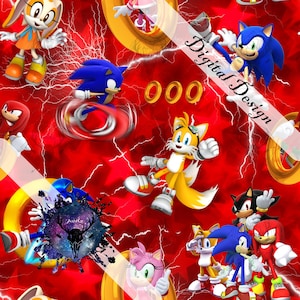 Könnte beinhalten: Ein roter Hintergrund mit Blitzen und goldenen Ringen. Das Bild zeigt verschiedene Charaktere aus der Sonic the Hedgehog Videospiel-Franchise, darunter Sonic, Tails, Knuckles, Amy Rose und Shadow. Der Text "Digital Design" ist in der oberen rechten Ecke des Bildes sichtbar.