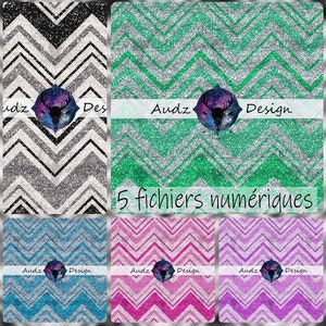 Può includere: Cinque file digitali di motivi chevron con glitter in nero e argento, verde e argento, blu e argento, rosa e argento e viola e argento. I motivi sono tutti uguali, ma in colori diversi. Ogni motivo ha il testo "Audz Design" al centro.