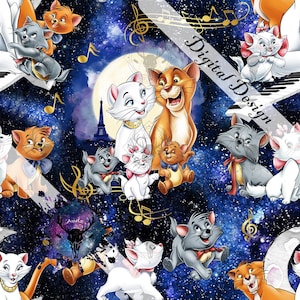 May include: A digital design featuring various cartoon cats against a starry night sky background. The cats are in different poses and colors, with musical notes and a full moon. The text "Digital Design" is visible.