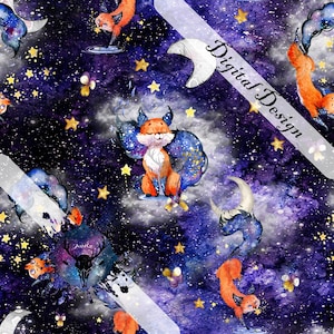May include: A digital design featuring a whimsical space scene with a fox, moons, and stars. The fox has a vibrant orange and white coat with blue and gold accents. The background is a deep purple and blue galaxy with scattered yellow stars and the text "Digital Design".