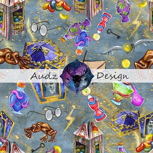 May include: A seamless pattern featuring a whimsical mix of magical objects, including potion bottles, a golden key, a frog, and a pair of glasses. The background is a blue and gold color with a sparkly texture. The pattern is perfect for fabric, wallpaper, or wrapping paper.