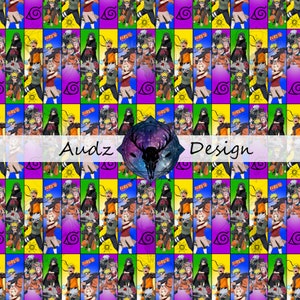 Könnte beinhalten: Ein sich wiederholendes Muster mit einer Gruppe von Anime-Charakteren mit verschiedenen Haarfarben und Kleidung. Der Hintergrund ist ein Raster aus gelben, grünen, violetten und blauen Quadraten mit einem Wirbelmuster in jedem Quadrat.
