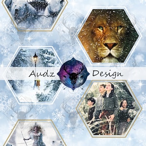 Puede incluir: Un collage de imágenes de la película Las Crónicas de Narnia: El león, la bruja y el armario. Las imágenes incluyen un león, un ciervo blanco, una farola y niños caminando por un bosque nevado. El texto "Audz Design" está en el centro de la imagen.