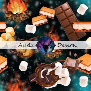 May include: A seamless pattern featuring a campfire, chocolate bars, graham crackers, and marshmallows. The background is a dark blue with white stars. The text "Audz Design" is in the center of the image.