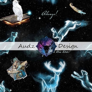 Seamless digital design, wizard, animals, patronus, galaxy