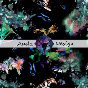 May include: A black background with colourful watercolour splatters and abstract shapes. The design includes a deer skull with antlers, a galaxy background, and the text "Audz Design".