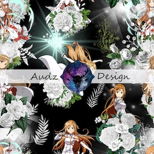 May include: A digital design featuring anime characters, white flowers, and geometric shapes on a black background. The design includes the text "Audz Design" and a circular emblem with a deer skull.