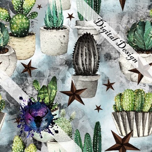 May include: A seamless pattern featuring watercolor illustrations of various cacti and succulents in pots, with brown five-pointed stars on a light blue background. The text "Digital Design" is written diagonally in white.