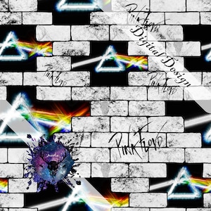 May include: A black and white brick wall with a rainbow prism effect and the words "Pink Floyd" written in white. The wall is distressed and has a grunge effect. There is a black and white skull with antlers in a purple and blue galaxy-like circle.