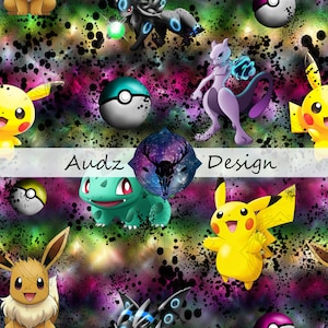 Puede incluir: Un fondo abstracto colorido con un patrón repetitivo de personajes de Pokémon, incluyendo Pikachu, Eevee, Bulbasaur y Mewtwo. El fondo presenta un diseño de tipo galaxia con salpicaduras negras y nebulosas coloridas.