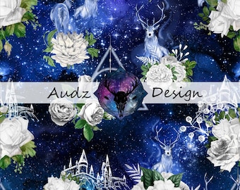 Seamless digital design, wizard, flower, relics, galaxy