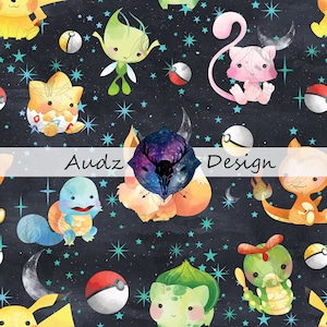 May include: A seamless pattern featuring various cartoon characters on a dark blue background with white stars. The characters include a green and yellow creature, a pink cat, a yellow creature with a red egg, a blue turtle, an orange fox, a green and yellow creature with wings, a green and yellow creature with a red ball, and a yellow creature with a red ball. The pattern is perfect for fabric, wallpaper, or other creative projects.