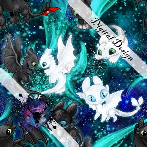 May include: A seamless pattern featuring black and white dragons with blue and teal swirls on a dark blue background. The dragons have large eyes and are in various poses. The text "Digital Design" is visible in the upper right corner of the image.