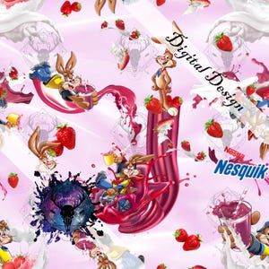 Puede incluir: Un diseño digital con el conejo Nesquik, fresas y salpicaduras de líquido rosa. El diseño incluye el texto "Digital Design" y el logotipo de Nesquik. El fondo es de color rosa claro con elementos decorativos.
