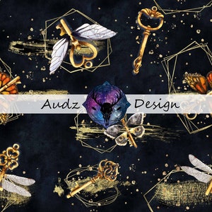 May include: A seamless pattern featuring gold keys, dragonfly wings, and butterfly wings on a dark blue background with gold glitter accents. The pattern also includes a stylized deer skull with a galaxy design.