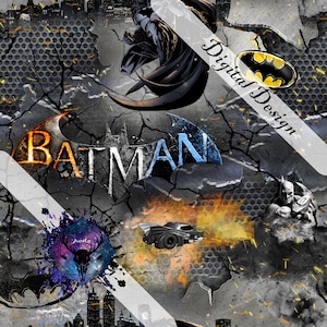 May include: Digital design featuring Batman imagery. The design includes the Batman logo, the word "Batman", and illustrations of Batman and the Batmobile. The background is a textured, cracked gray surface with city silhouettes.