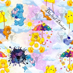 Peut inclure: Un motif numérique fantaisiste avec des ours de dessins animés, des soleils et des cœurs sur un fond de ciel pastel. Les ours sont dans diverses poses, certains avec des parapluies, d'autres avec des papillons. Le motif comprend le texte "Digital Design".