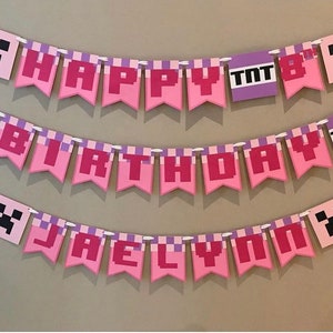 May include: Pink and purple Minecraft themed birthday banner with the words "Happy Birthday Jaelyn" and TNT blocks.