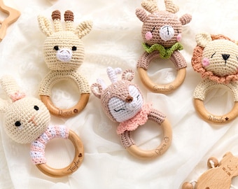 Personalized Crochet Baby Rattle Toy for Girls and Boys, Animal Crochet Baby Rattle, Baby Shower Gift, Baby Rattle Grasping Toy,Newborn Gift