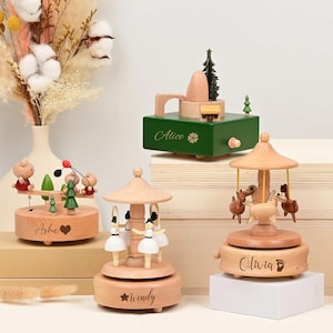 Personalised Ballerina Musical Carousel Wooden, Christmas Music Box, Wooden Horse Musical Carousel, Anniversary Memorial Gift, Gift For Baby