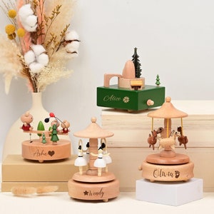 Carrusel musical de madera con bailarina, recuerdo, regalo de Navidad personalizado, caja de música con nombre grabado, regalo para baby shower, Navidad, caja de música de madera