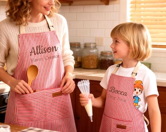 Personalized Embroidered Apron Set for Adults & Kids, Custom Name, Pockets, Cooking BBQ Kitchen Gift