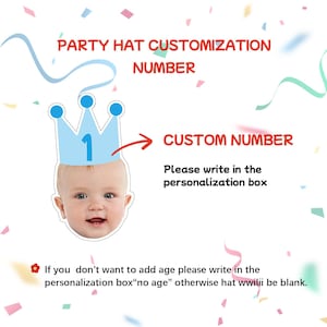 May include: A light blue party hat with the number 1, designed for customisation. The image includes text that says "Party Hat Customisation Number" and "Custom Number". Instructions are provided to write in the personalisation box.
