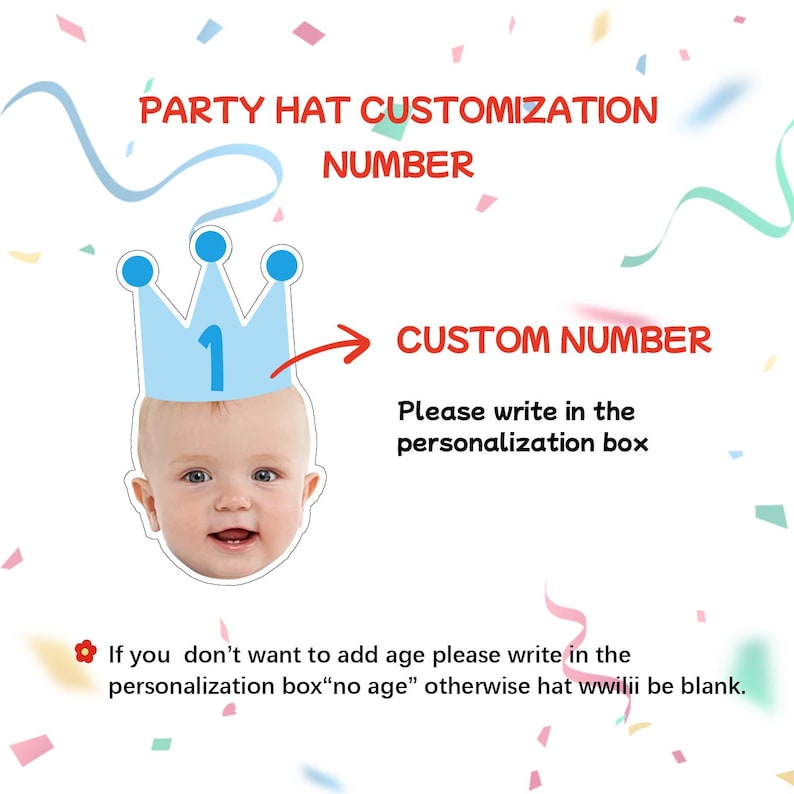 May include: A light blue party hat with the number 1, designed for customisation. The image includes text that says "Party Hat Customisation Number" and "Custom Number". Instructions are provided to write in the personalisation box.