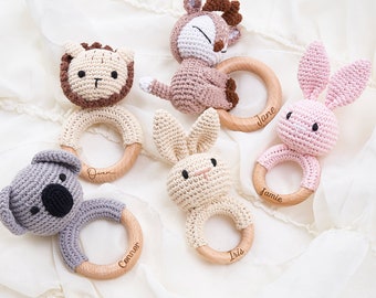 Personalized Animal Baby Rattle | Baby Shower Gifts | Custom Wooden Baby Rattle | Crochet Rattle Toy | Newborn Gifts | Baby gift Baby Rattle