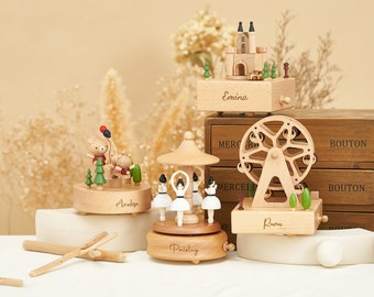 Ricordo di giostra musicale in legno con ballerina, carillon fatto a mano, regalo di Natale personalizzato, carillon cimelio, regalo per baby shower, carillon vintage