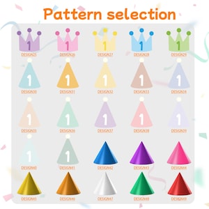 May include: A selection of colourful party hats and crowns, each with a number one. The image includes a variety of designs, including crowns and cone-shaped hats in shades of purple, pink, yellow, blue, and green. Text at the top reads "Pattern selection."