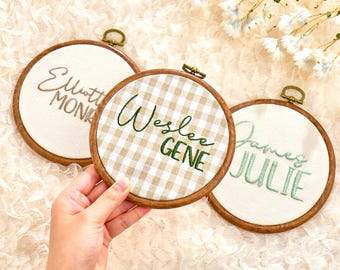 Personalized Embroidered Linen Baby Name Announcement Sign: Nursery Decor