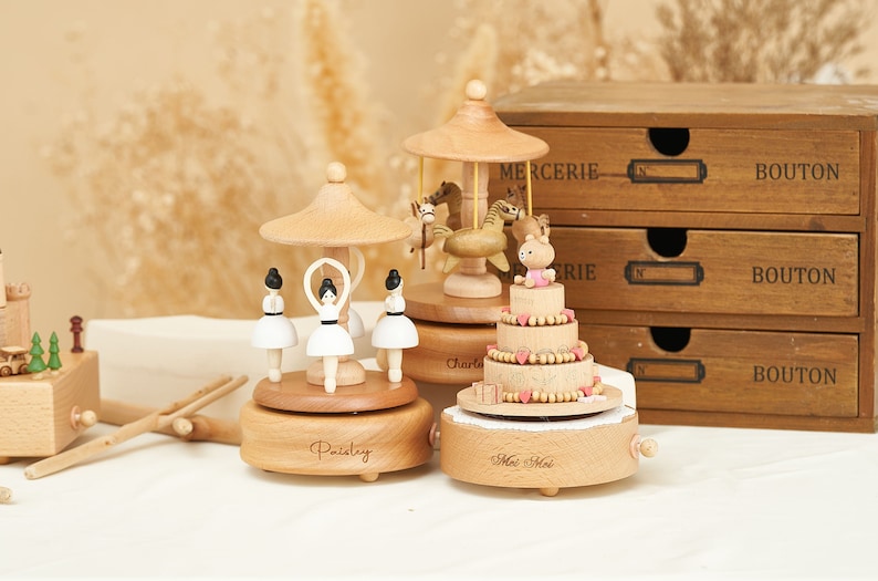 Musical Wooden Ballerina Carousel Keepsake, Custom Christmas Gift, Engraved Name Music Box, Baby Shower Gift, Nursery Decor,Wooden Music Box image 5