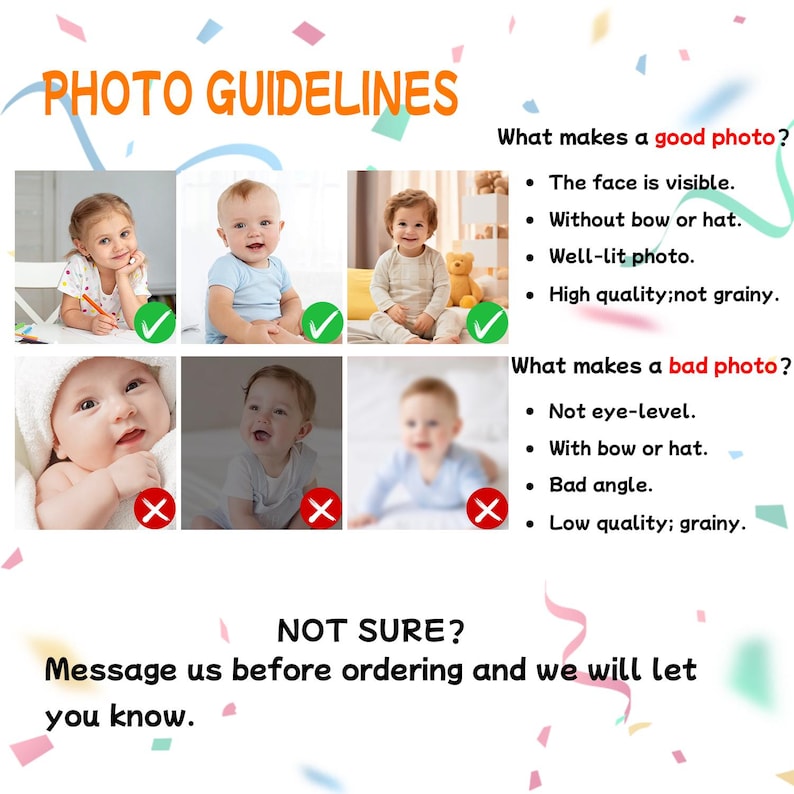 May include: An image detailing photo guidelines for Etsy listings. It provides examples of acceptable and unacceptable photos, focusing on factors such as visibility, lighting, and quality. Text includes "PHOTO GUIDELINES" and "Message us before ordering."