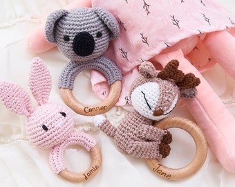 Personalized Animal Crochet Rattle, Baby Shower Gift, Custom Wooden Baby Rattle, Crochet Rattle Toy, Newborn Gift ,Baby Gift, Baby Toy