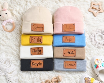 Personalized Printed Name Beanie, Embroidered Beanie Hat Newborn, Leather Patch Beanies for Baby, Baby Shower Gift, Christmas Hat, Gift