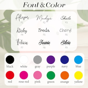 May include: A chart with nine different fonts and their corresponding names, labeled F1 through F9. Below the chart is a color palette with 12 different colors, including black, white, gray, purple, navy, blue, red, rose red, pink, green, orange, and yellow.