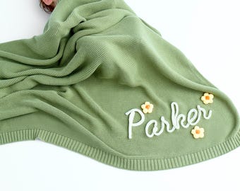 Personalized Embroidered Name Knit Baby Blanket: Soft Cotton Newborn Gift