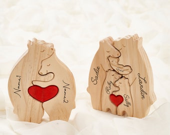 Puzzle de famille en bois avec ours, nom de famille gravé, cadeau souvenir de famille, cadeau pour les parents, famille d'animaux, décoration d'intérieur familiale, cadeau pour enfants