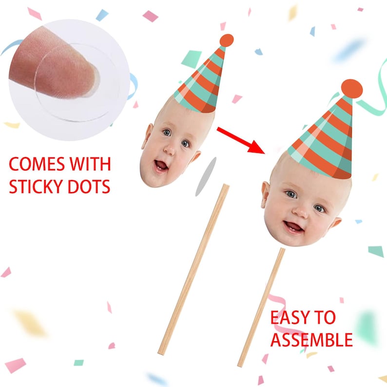 May include: Party decorations featuring baby faces with party hats. The image shows two baby face cutouts with party hats, wooden sticks, and sticky dots for assembly. Text on the image reads "COMES WITH STICKY DOTS" and "EASY TO ASSEMBLE".