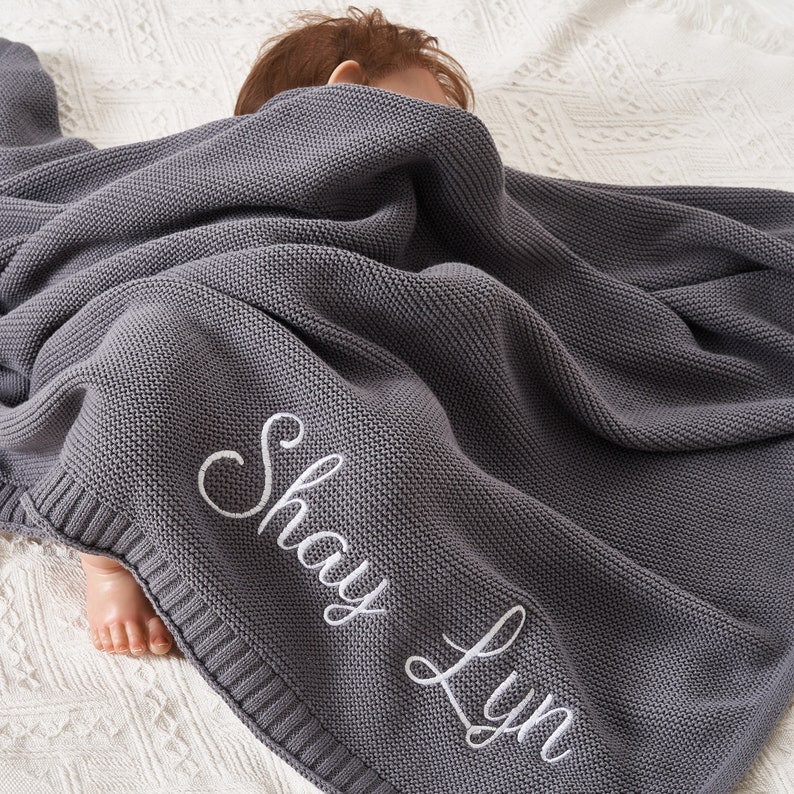 Baby Blanket, Embroidered Name, Stroller Blanket, Newborn Baby Gift, Soft Breathable Cotton Knit, Baby Gift, Personalized Name Blanket image 1