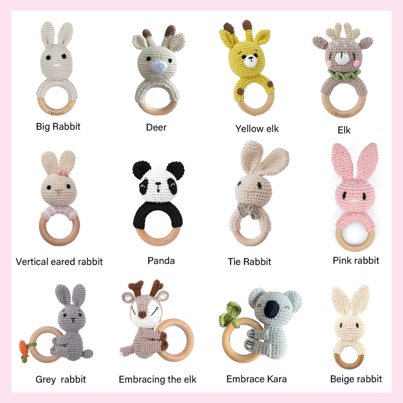 Sonajero de ganchillo animal personalizado, regalo de baby shower, sonajero de madera personalizado para bebés, juguete de sonajero de ganchillo, regalo para recién nacidos, regalo para bebés, juguete para bebés imagen 4