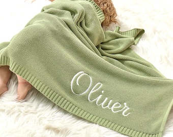 Personalisierte gestickte Babydecke, Neugeborenen Babygeschenk, weiche atmungsaktive Baumwolle stricken, Baby Geschenk, Baby Name Decke, Babypartygeschenk