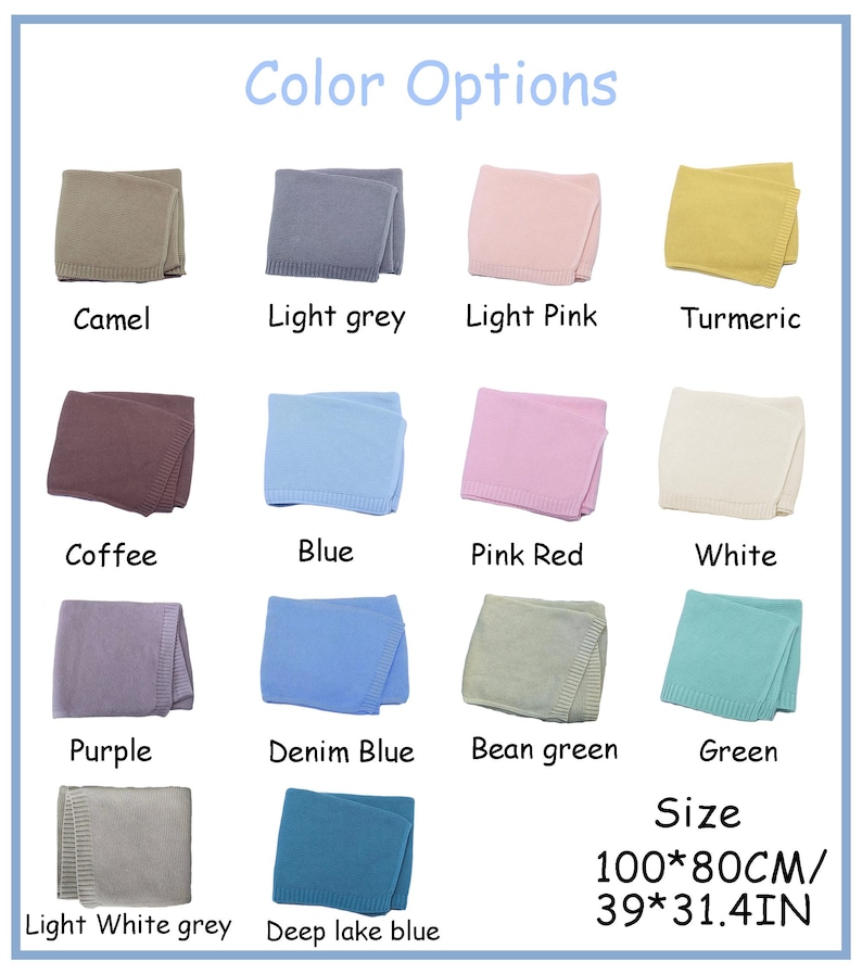 Puede incluir: Una tabla de colores que muestra 12 colores diferentes de mantas de beb&eacute; de punto. La manta mide 100 cm por 80 cm, o 39 pulgadas por 31,4 pulgadas.