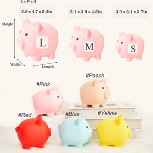 May include: Six piggy bank figurines in different colors: pink, peach, red, blue, and yellow. The piggy banks are in three sizes: large, medium, and small. The large piggy bank is 5.9 inches long, 4.7 inches wide, and 5.3 inches high. The medium piggy bank is 5.1 inches long, 3.9 inches wide, and 4.5 inches high. The small piggy bank is 3.9 inches long, 3.1 inches wide, and 3.7 inches high.