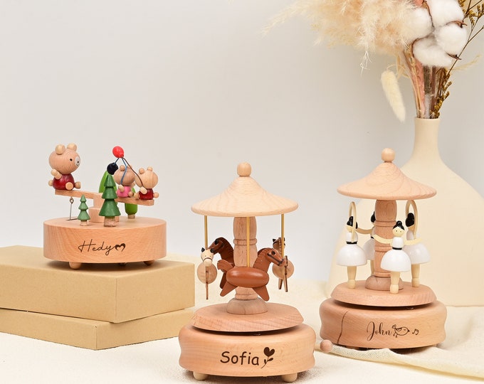 Personalized Handmade Music Box, Personalised Ballerina Musical Carousel Wooden, Wooden Music Box, Custom Christmas Gift, Baby Shower Gift