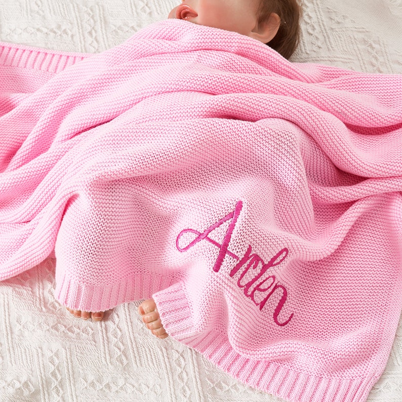 Baby Blanket, Embroidered Name, Stroller Blanket, Newborn Baby Gift, Soft Breathable Cotton Knit, Baby Gift, Personalized Name Blanket image 7