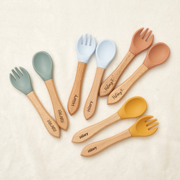 Silicone Baby Spoon and Fork Set, Gifts for Babies Spoons, Personalized Baby Cutlery Set,Baby Shower Gifts, Silicone Utensils, New Mom Gift